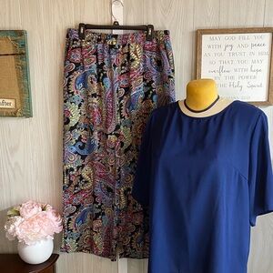 SHEIN Multicolor Paisley Maxi palazzi pants with  navy short sleeve shirt